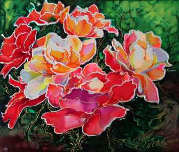 Dye on Silk painting by Natalia Charapova, Wild Roses